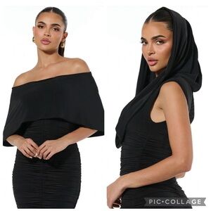 Naked Wardrobe Ruched Midi Dress With‎ Hood / Cape Black M